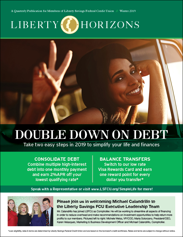 Photo of woman promoting the double down on debt promotion and leadership welcome graphic