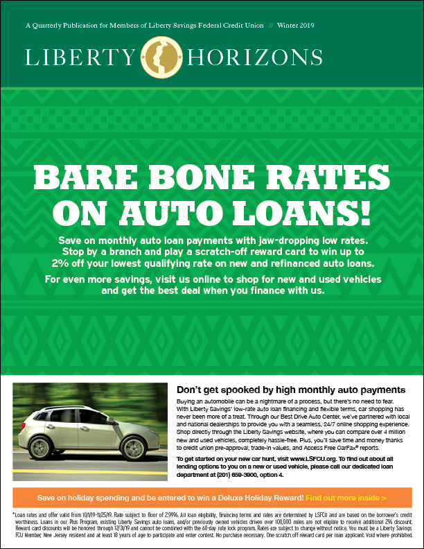 Halloween auto loan promotion on the cover. White text on green background.
